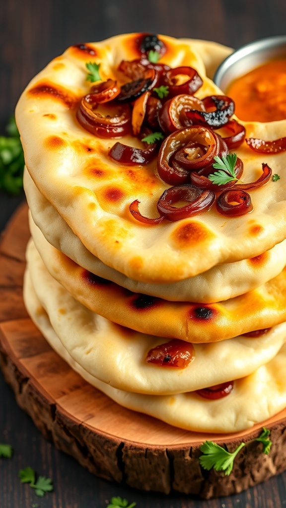 Freshly baked onion naan topped with caramelized onions, served with curry on a wooden board.